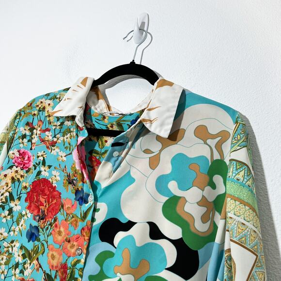 Rose + Olive Top 2X Womens Plus Size Artsy Floral Button Up Blouse Flowy Boho - Picture 2 of 6